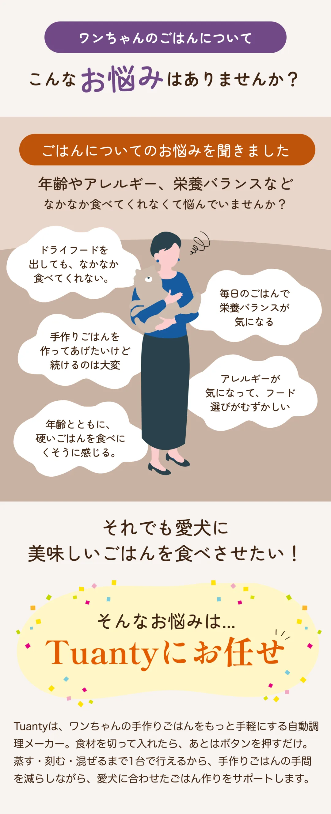 愛犬のごはんの悩み。ドライフードを食べてくれない、栄養バランスが気になる、手作りごはんを続けるのは大変、年齢とともに硬いごはんを食べにくそうにしている